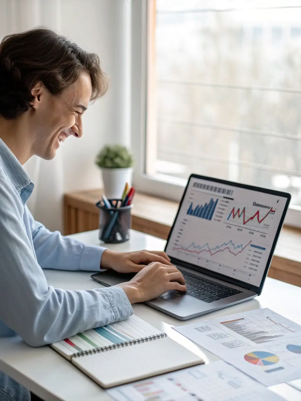 A person happily managing their budget with a calendar and financial documents, symbolizing easy repayment planning.